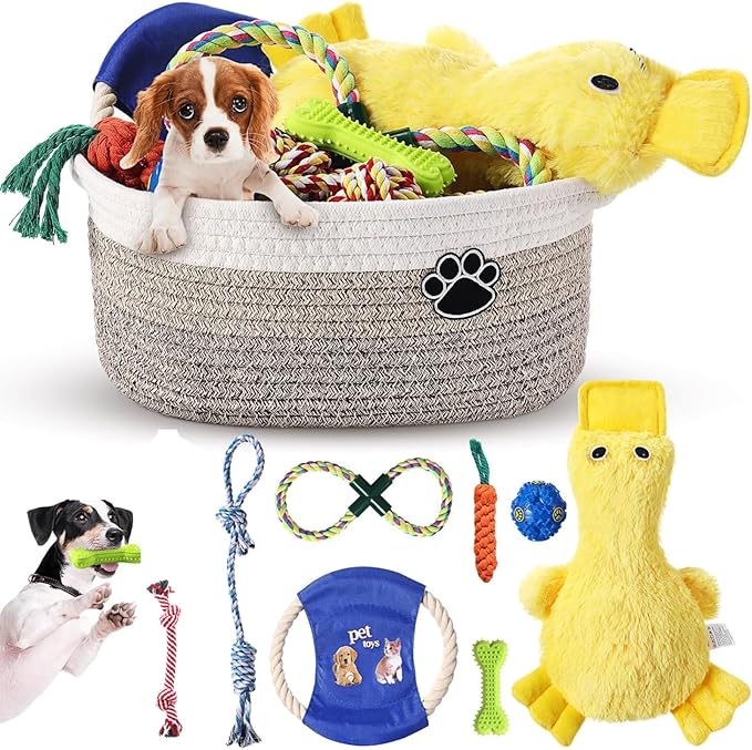 Zopeal Puppy Dog Toy Gift Storage Basket with Dog Toys Set Chew Toys Birthday Gift Basket Teething Interactive Squeaky Duck for Teething Small Medium Large Dogs(Khaki)