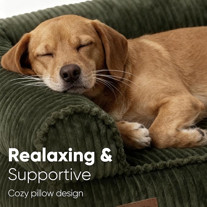 FUKUMARU Cute Dog Bed, Waterproof Corduroy Dogs Couch, 36in Orthopedic Pet Sofa for Medium to Large Dogs Dog, Warm Cotton Pet Bed with Washable Cover, Green
