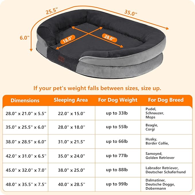 Dwanton Orthopedic Dog Bed for Medium Dogs with Gel Memory Foam, Waterproof Dog Sofa, Washable Pet Bed with Four Sided Bolster Cushion, Removable Cover & Non-Slip Bottom, 35", Dark Gray