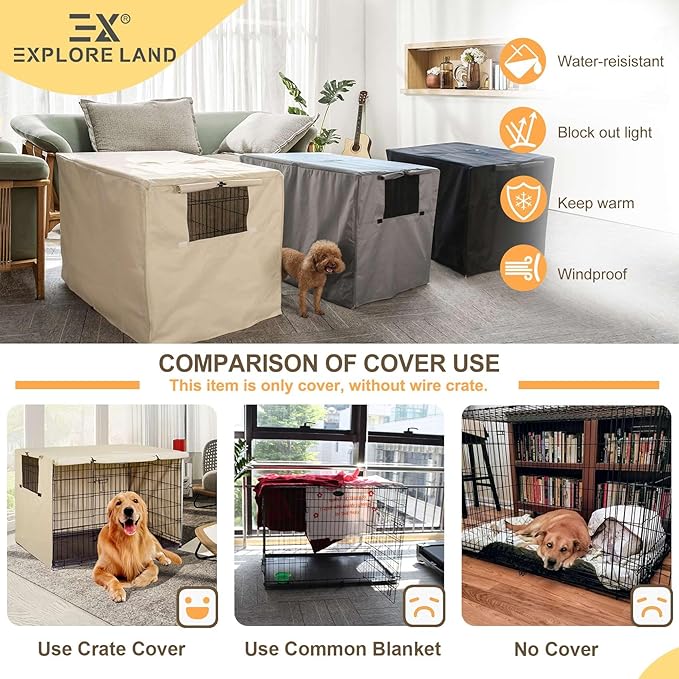 Explore Land 48 inches Dog Crate Cover Heavy Duty Polyester Pet Kennel Sunshade Universal Fit for Wire Cage (Light Tan)
