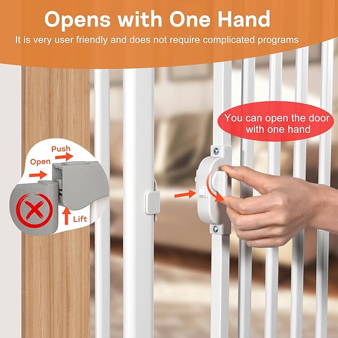 71“ Extra Tall Cat Gate for Doorway: 37.4-41.3” Wide Pet Gate, Auto Close/One Handed Open, 1.34” Extra Small Gap, No Drill Pressure Mount Tall Cat Gate for Interior Stairs/Kitchens/Hallways (White)