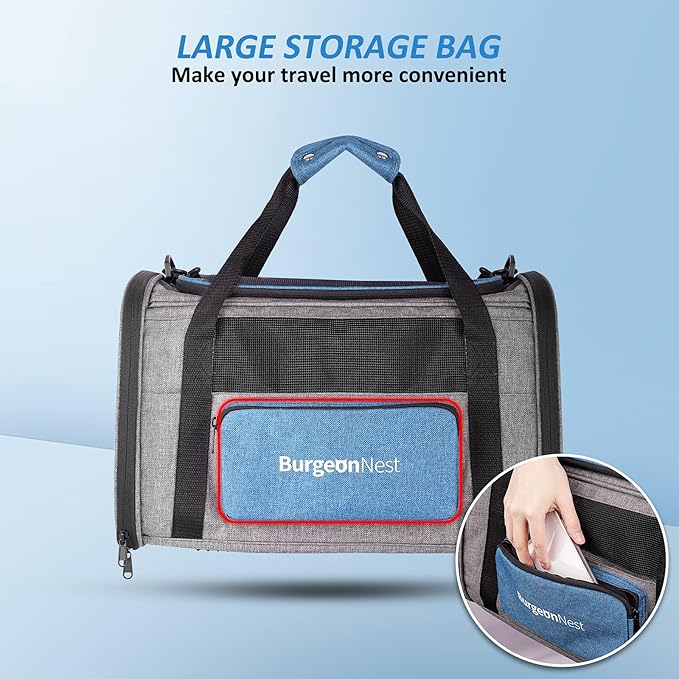 BurgeonNest Cat Carriers for Small Cats Under 15, Medium Puppy Under 25 lbs Large Pet 20 lbs Soft Sided Pet Carrier with Unique Side Bag (Medium, Grey)