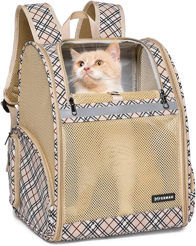 Cat Backpack Carrier for Small Dogs and Medium cat Puppy Kitten Bunny Pet Carrier Backpack Collapsible with Fully Ventilated Mesh with Safety Leash (Khaki, 12.9" L x 10.62" W x 15.5" H - M)