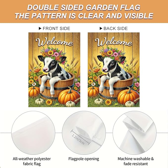 Fall Garden Flag Welcome Calf Animal Garden Flag Farm 12x18 Inch Double Sided Outdoor Decoration for Fall Season Yard Porch Lawn Display Cute Flower Cow Banner Autumn Harvest