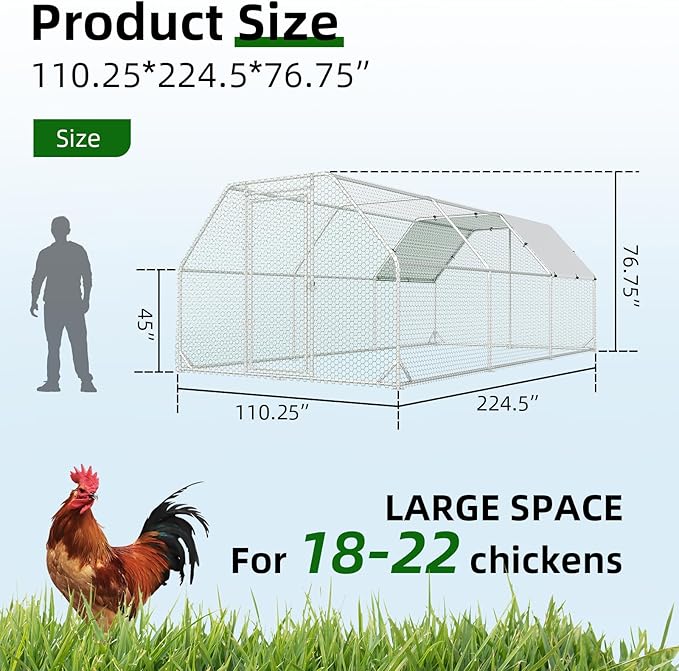 Large Metal Chicken Coop, Walk-in Chicken Run with Reinforced Wire Mesh, Water-Resistant & Anti-UV Cover, Poultry Cage for Hens, Ducks and Rabbits, Outdoor Backyard Farm Pen, 9.2’Lx18.7’Wx6.4’H