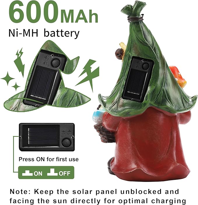 Gnome Solar Garden Statue with 3 LED Lights, Mushroom-Picking Gnome Statue Outdoor Decor for Patio, Yard, Balcony, Lawn Ornament, Unique Gift for Mom, Grandma Christmas, Valentines Day Decorations