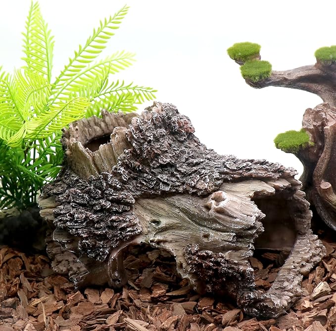 Tree Trunk Cave Aquarium Decoration Reptile Cave Climb Hideout Hideaway, Betta Log Resin Wood House Fish Tank Decorations for Betta Fish, Shrimp, Lizards, Leopard Gecko