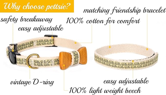 Pettsie Breakaway Cat Collar with Bow Tie and Matching Bracelet–Adjustable Cotton Kitten Collar with Safety Buckle for Cats and Small Pets–Cute Cat Gift for Owners and Cat Lovers, 8-11 Inches, Black