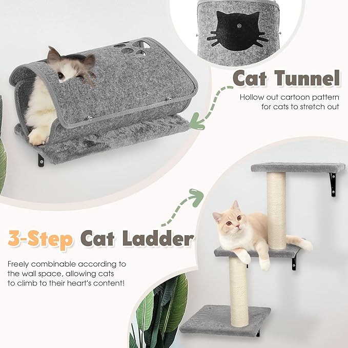 NUNU LAB 7-in-1 Wall Mounted Cat Climber Set, Cat Wall Furniture Set with House, Bridge, Steps, Scratcher Post, DIY Playground, Cat Wall Shelves - Gray