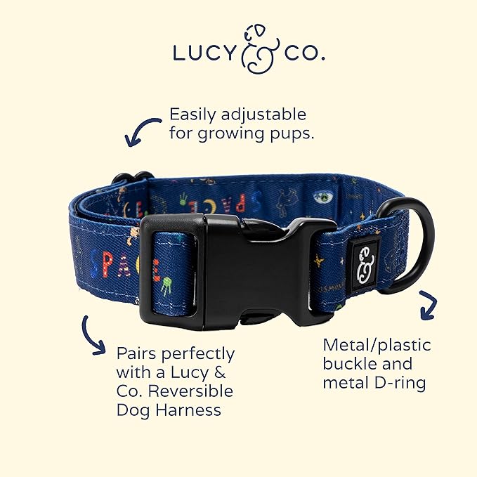 Lucy & Co. Space Doodle Dog Collar - Durable Lightweight Designer Collar for Pets - Adjustable Metal Safety Buckle - Navy Outerspace Icons - Medium