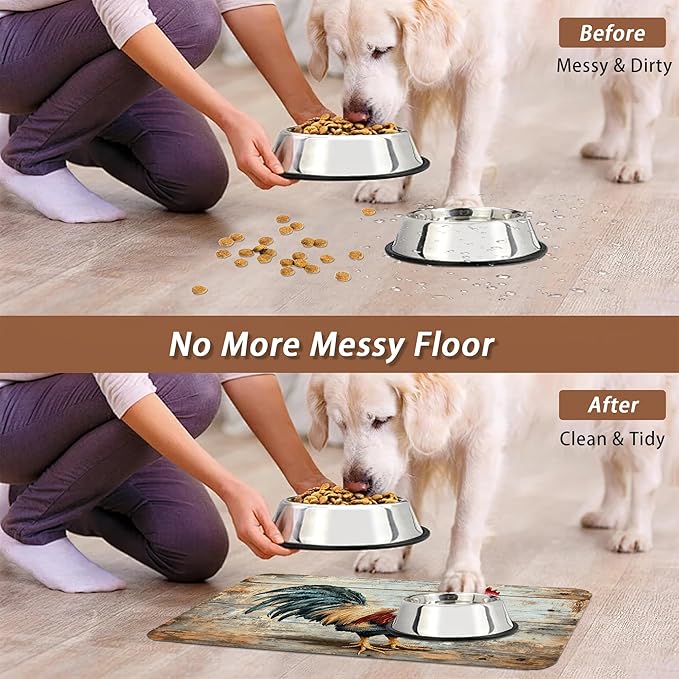 Rooster Dog Food Mat for Floors,Vintage Wood Panel Absorbent Quick-Dry Pet Feeding Mat,Cat Dog Bowl Mats for Food and Water,Non-Slip Pet Accessories Supplies 16"x24"