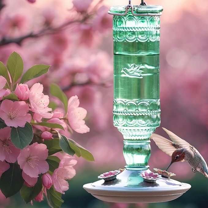 Perky-Pet Glass Bottle Hummingbird Feeder - Outdoor Garden Décor Humming bird Feeder, 8108-1SR - 10 Fl Oz Nectar Capacity - Durable Green Antique Design - Hang from Tree, Porch, Deck, Hook