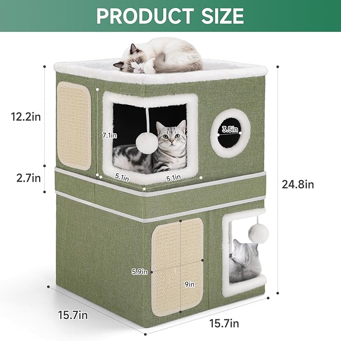 2-Storey Cat House for Indoor Cats, Separate Into 2 Large Cat Bed Cave with Hideaway Condos, Scratch Pads, Hanging Balls, Foldable Indoor Cat House, Cat Cube for Multiple Cats Kitten, Green
