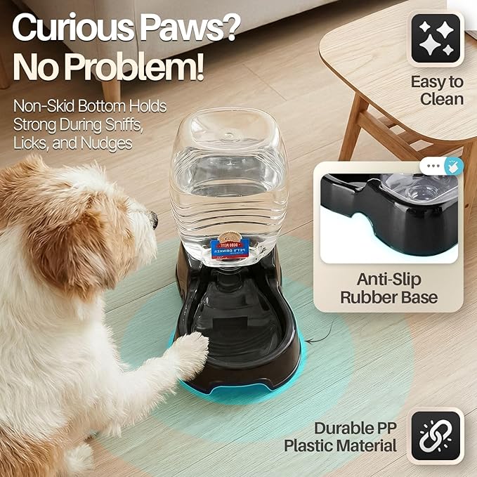 Flexzion Automatic Gravity Pet Waterer for Cat & Dog - Non-Skid & Easy-Clean Auto Replenish Water Dispenser Drinking Bowl (1/4 Gallon/ 900ml), Black