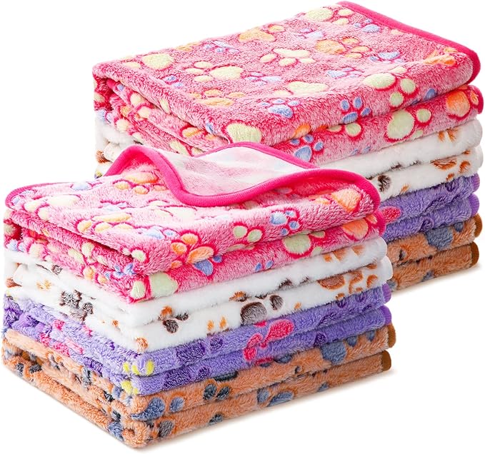 Tegeme 8 Pcs Fleece Dog Blankets for Small Dogs Cat Soft Coral Velvet Warm Sleep Mat Fluffy Dog Paw Print Blanket for Kitten Doggy Small Animal(30 x 41 Inch,Mixed Color)
