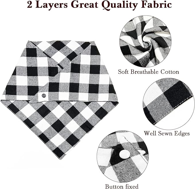 Christmas Plaid Dog Bandana with Button, Dual Layer Scarf Soft Cotton Triangle Bib Girls and Boys Kerchief Adjustable Accessories for Small Medium Large Extra Large Dog Puppy Pet Cat