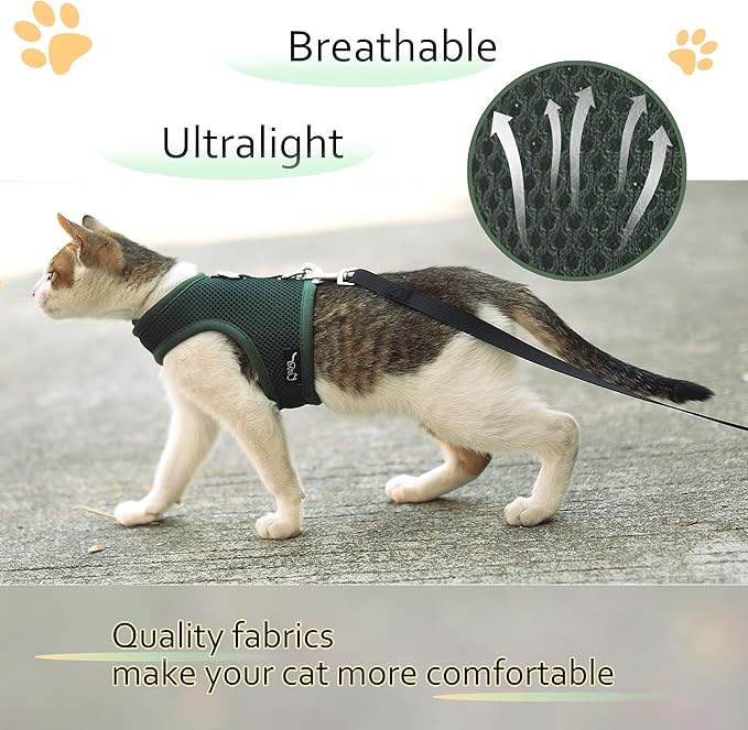 Kitty Harness and Leash for Walking Escape Proof Breathable Mesh Fabric, Solid Green, X-Small, Adjustable Cat Walking Jackets, Padded Stylish Cat Vest