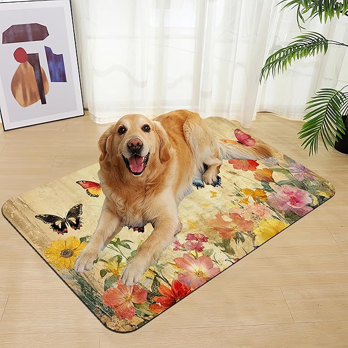 Vintage Butterfly Floral Pet Food Mat for Cats and Dogs–Christmas Stocking Absorbent Quick Dry Feeding Placemat, Non Slip Rubber Base, Waterproof Bowl Mat for Indoor Use, Pet Supplies 12"x20"