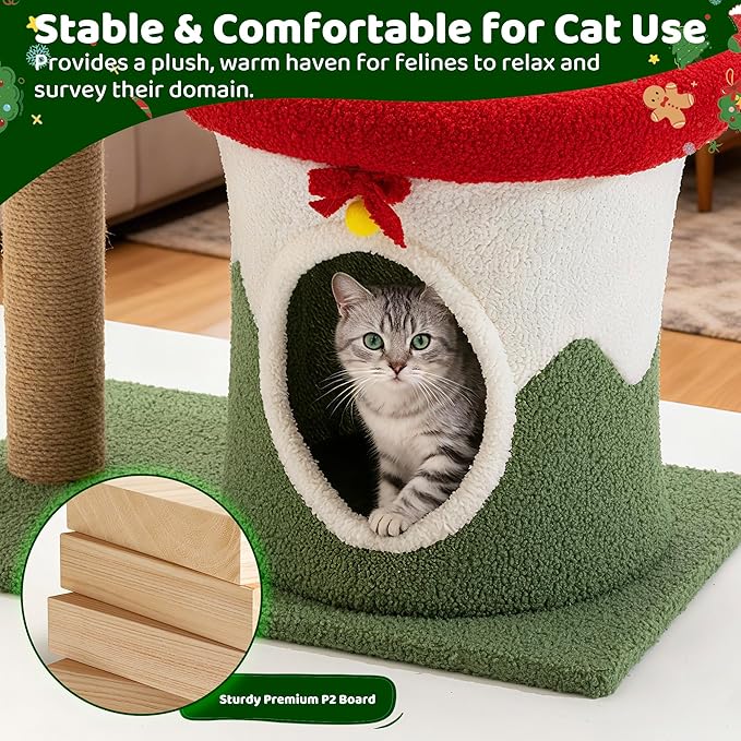 COSIEST 30in Christmas Cat Tree for Kittens, Kitty Condo with Top Perch, Small Cat Tree House with Sisal Scratching Posts, Cat Safe Christmas Tree Tower for Indoor Cats, Activity Center, Red & Green