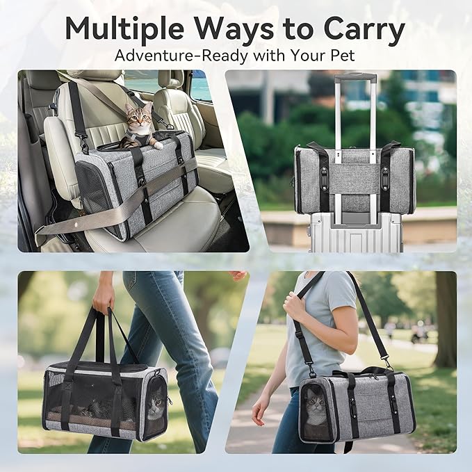 PETSFIT Large Cat Car Carrier with Patented Safety Buckles(19 x 12 x 12) – Roomy Escape-Proof for Safe Driving, Lockable Zippers & Safety Tether, Soft-Sided Travel Carrier for Road Trips & Vet Visits