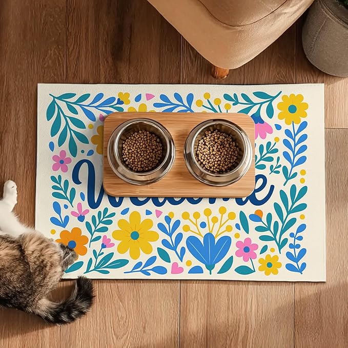 Daisy Flower Pet Food Mat 20" x 12" Welcome Sign Pet Feeding Mat Non Slip Mats for Dog Food and Water Bowls Easy Clean Fast Dry Placemat for Cat Food Mats for Indoor Trendy Pet Accessories