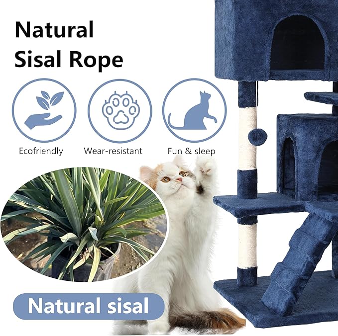 FDW | 54" Cat Tree Tower | Dark Blue | Multi-Level Indoor Activity Center with Sisal Scratching Posts, Condos, Plush Perches, Hanging Cat Toys | Sturdy, Easy to Assemble | for Kittens & Adult Cats