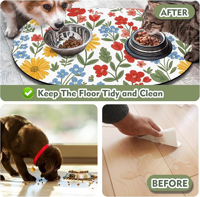 Pet Feeding Mat – 20''x12'' Absorbent Dog Food Mat, Pet Water Mats Protect Floor, No Stains Quick Dry Water Bowl Mats, Non-Slip Rubber Base Pets Placemats for Food and Water, White Floral