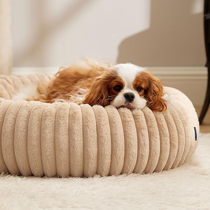 Bedsure ComfyFleece™ Donut Medium Dog Bed - Washable Faux Fur with Corduroy Fleece & Anti Slip Bottom, Round Pet Bed with Removable Cover, Sandy Beige, 30x30x8 inches