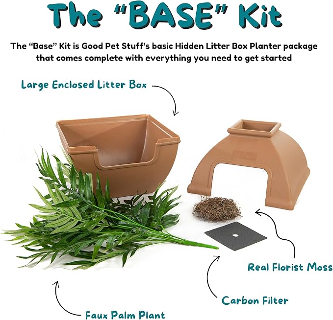 Good Pet Stuff Hidden Litter Box Planter, Decorative Cat Litter Enclosure with Carbon Filter, Artificial Plant, Easy Clean, Indoor Design, Courtyard Square Style, Base Kit, Mocha Brown