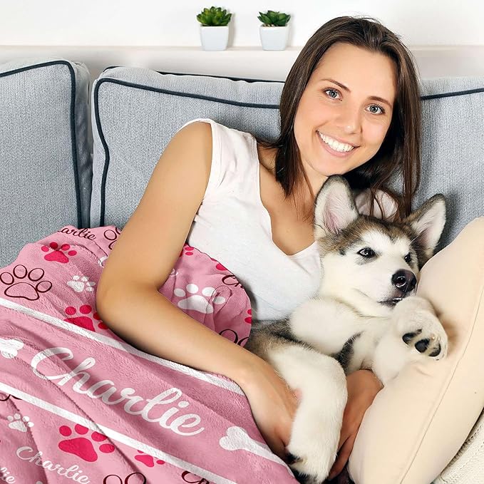 Personalized Dog Blanket, Customized Pet Blankets with Name Picture, Throw Blanket for Small Medium Large Dog Puppy Cat (E-Pink)