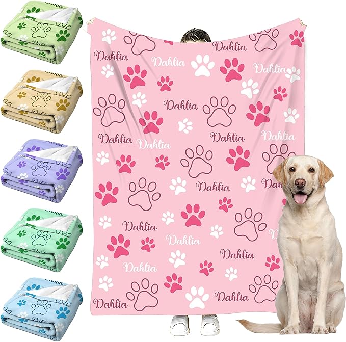 Personalized Paw Print Dog Blanket with Pet Name Face-Custom Puppy Blankets with Picture for Dogs-Customized Dog Memorial Throw Fleece Blanket-Loss of Pets Supplies Sympathy Gift for Bed Sofa Travel