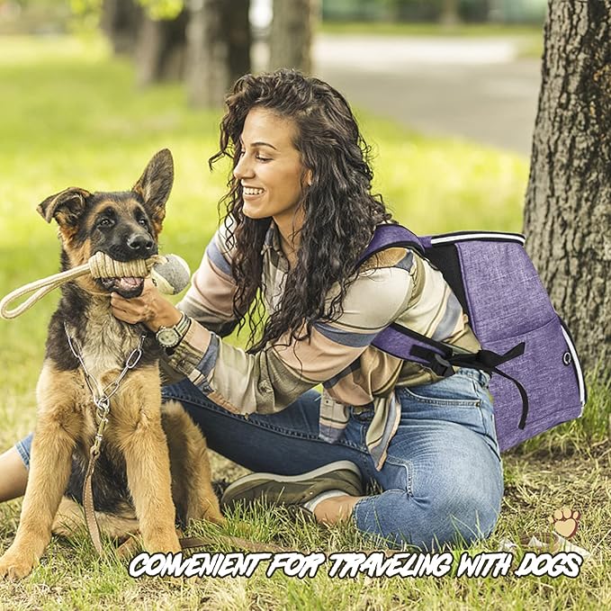 BAGLHER丨Dog Travel Bag Backpack, Airline Approved Pet Supplies Backpack, Dog Travel Bag with 2 Silicone Collapsible Bowls and 2 Food Baskets Purple