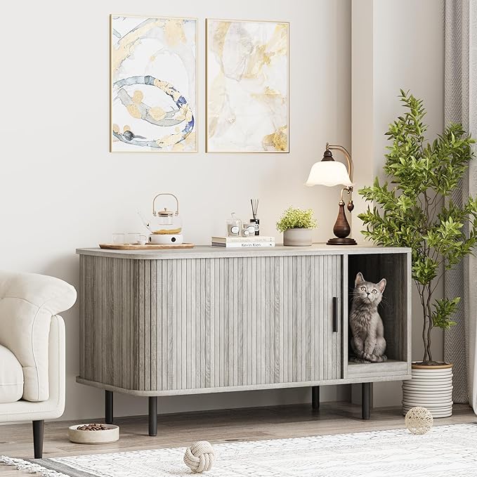 Cat Litter Box Enclosure with Cat Scratch Pad, Sliding Door, 37.4" Litter Box Enclosure Furniture Hidden Litter Box, Modern Indoor Cat House, TV Stand, Side End Table for Living Room, Grey