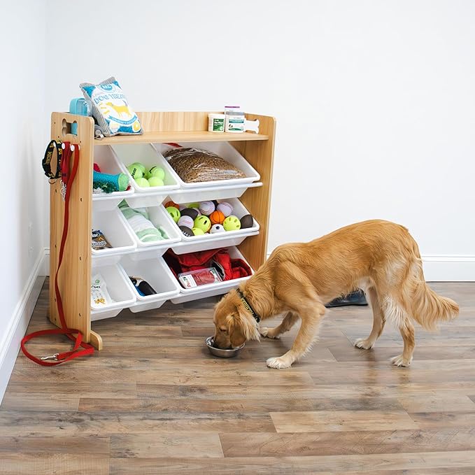 Humble Crew Aspen Pet Supplies Organizer with Shelf and 9 Storage Bins – Natural Wood Frame with White Bins, Hooks & Bone Cutout Handles for Dogs, Cats & Small Pets