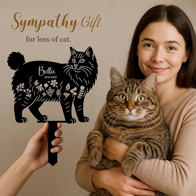 Custom Cat Grave Markers Outdoor - Personalized Cat Metal Memorial Plaque with Stake for Cemetery, Garden or Yard Decor - Waterproof Tombstone, Pet Loss Sympathy Gifts
