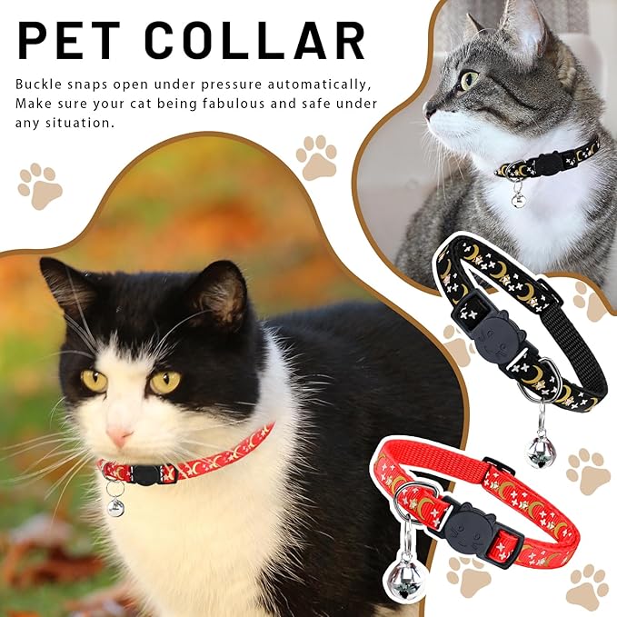 8 PCS Cat Collars with Bell Moons Stars, Reflections Cat Collar with Bells, Breakaway Cute Kitty Collar for Cats, Pet Gifts, Accessories (8 Colors)
