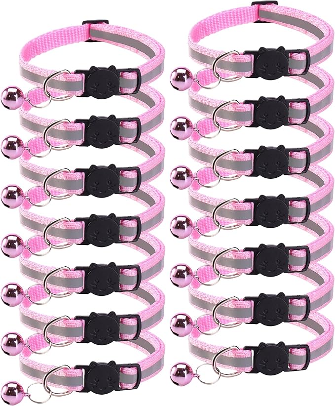14 Pack Breakaway Cat Collar with Bell, Reflective Kitten Collar for Girl Boy Cats, Safety Buckle Adjustable 7.5-12.5 Inch, 0.4 Inch Width Lightweight, Pet Gifts (Pink)