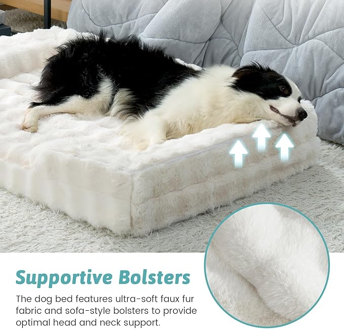 Self Warming Dog Bed for Large Size Dog, Faux Fur Orthopedic Puppy Sofa with Washable Removable Cover, Bolster Orthopedic Egg Crate Foam Bed for Pet Up to 100 lbs, XL 44x32x7 inch, Beige