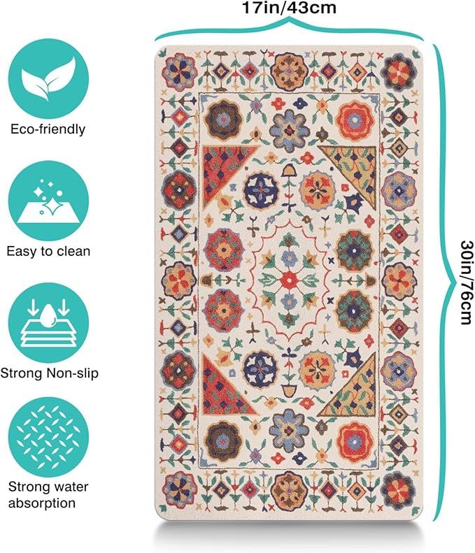 Moroccan Trellis Dog Food & Water Mat, Boho Colorful Vintage Pet Feeding Mat for Floor Non-Slip Waterproof, Super Absorbent Cat Bowl Mat, Easy to Clean Durable Pet Placemat,17" × 30"