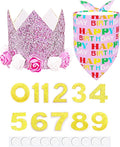PET SHOW Pink Crown Hat Dog Birthday Party Supplies for Girls Female Pets Small Medium Large Dogs Cats Birthday Hat and Plaid Bandana with 0-9 Numbers and Glue