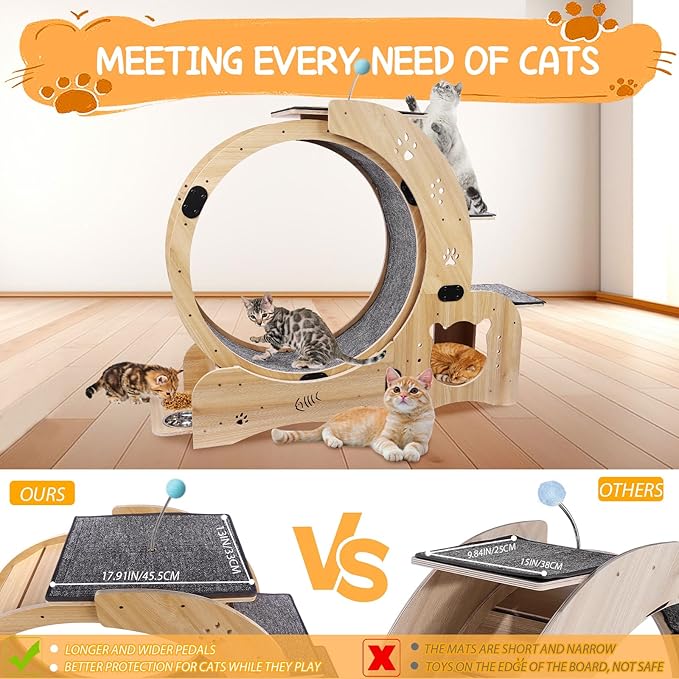 Cat Running Wheel,Cat Treadmill for Indoor Cats,Exercise Wheel Wood Climbing Frame,55''Oversized Roller Indoor Activity Center,Large (6-in-1)