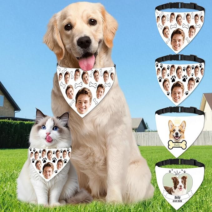 Funny Personalized Dog Bandana Custom Face Design, Custom Dog Bandana with Name, Pet Scarf for Small Medium Large Dogs Personalized Pet Accessories(Funny Style, X-Large)