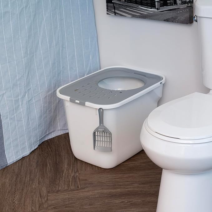 IRIS USA Cat Litter Box, Large Cat Box Enclosure, Top Entry with Litter Catching Lid, Enclosed with Scoop, White/Gray