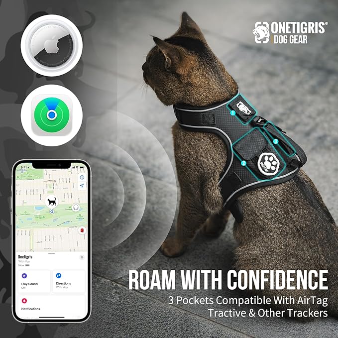 OneTigris Cat Harness and Leash - Escape Proof Soft Adjustable Kitten Harness, Breathable, Comfortable, Durable Water-Resistant Tactical Vest with Reflective Strips and Pocket for Cat Tracker