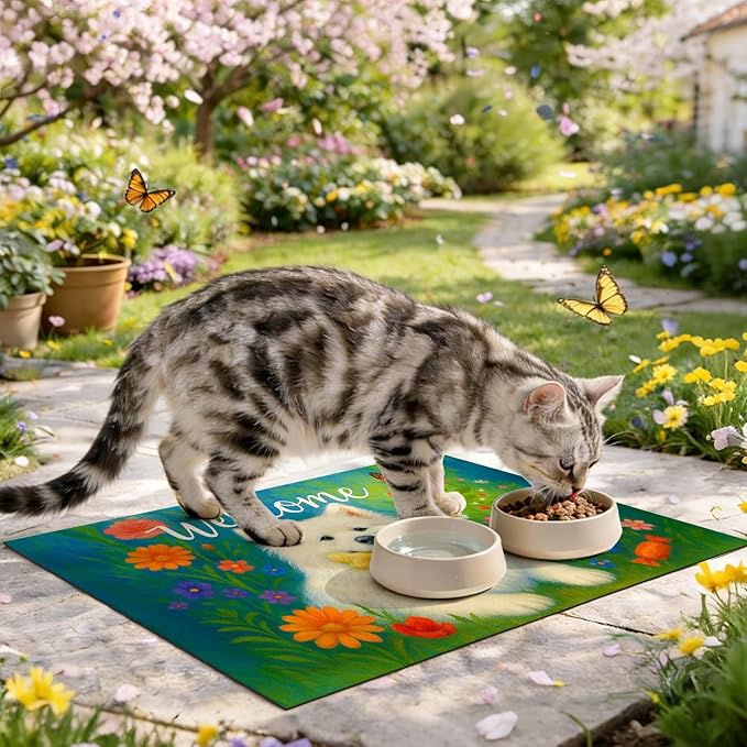 Welcome Spring Pet Feeding Mat 24" x 16"White Dog Floral Design Non Slip Cat and Dog Bowl Mat Easy Clean Pet Mats for Food and Water Fast Dry Pet Food Mat Absorbable Pet Feeding Pad