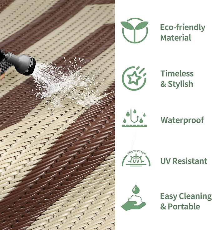 GENIMO Outdoor Rug for Patio Clearance, 8'x10' Reversible Plastic Straw Rugs, Lightweight Waterproof Modern RV Camping Mat for Camper, Balcony, Deck, Backyard, Picnic, Coffee Beige