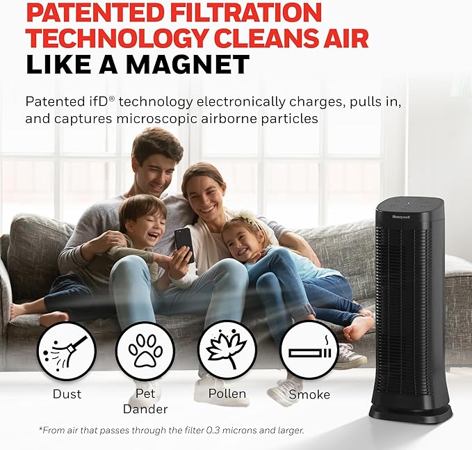 Honeywell Air Genius 5 Air Purifier for Large Rooms up to 1200 Ft², Permanent Washable Filters, Reduces Dust, Pollen, Pet Dander, Odors, Smoke, Black, HFD320