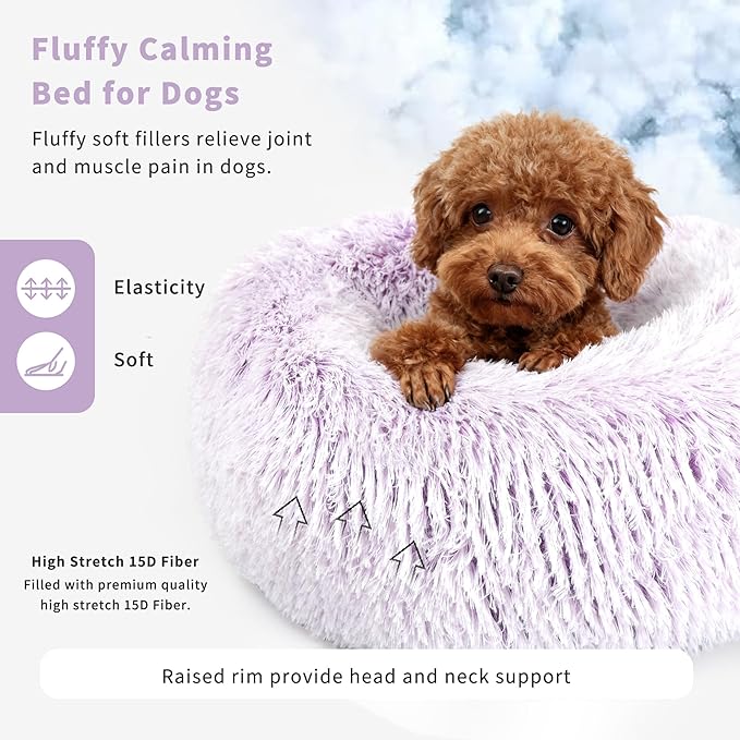Calming Donut Dogs Beds for Small Dogs Washable,19inch Fluffy Round Puppy Bed for Puppies,Cats & Toy Breeds with Raised Rim,Fits up to 15 lbs Pets,Gradient Purple