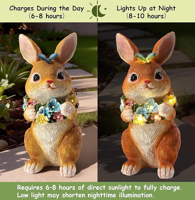 Solar Garden Statues Outdoor Easter Bunny Decorations with Butterfly & Flowers Spring Decor with 6 LED Night Accent Lights for Patio, Yard & Lawn, Easter Gift for Mom, Valentines Day Figurine