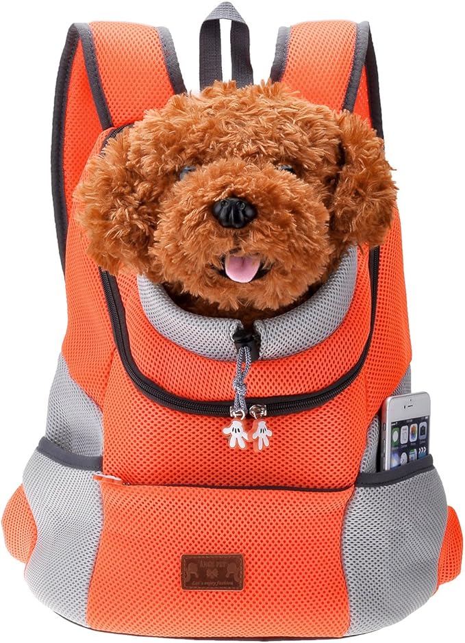 Mogoko Airline Approved Cat Dog Backpack, Puupy Pet Carrier Front Bag with Breathable Head Out Design and Double Mesh Padded Shoulder for Outdoor Travel Hiking (M, Orange)